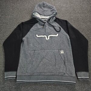 Kimes Ranch Hoodie Mens Medium Grey Black Henley Raglan Longhorn Logo Sweatshirt